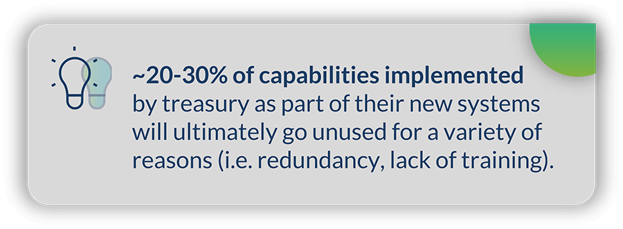 ~20-30% of capabilities implemented by treasury as part of their new systems will ultimately go unused for a variety of reasons (i.e. redundancy, lack of training).