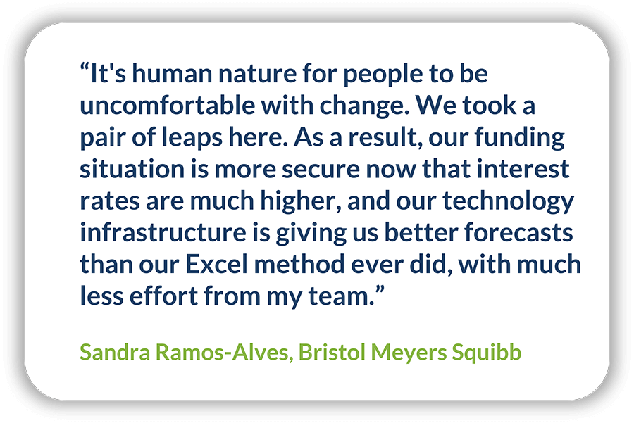 A quote by the treasury team at Bristol Meyers Squibb about their recent cash forecasting project. 