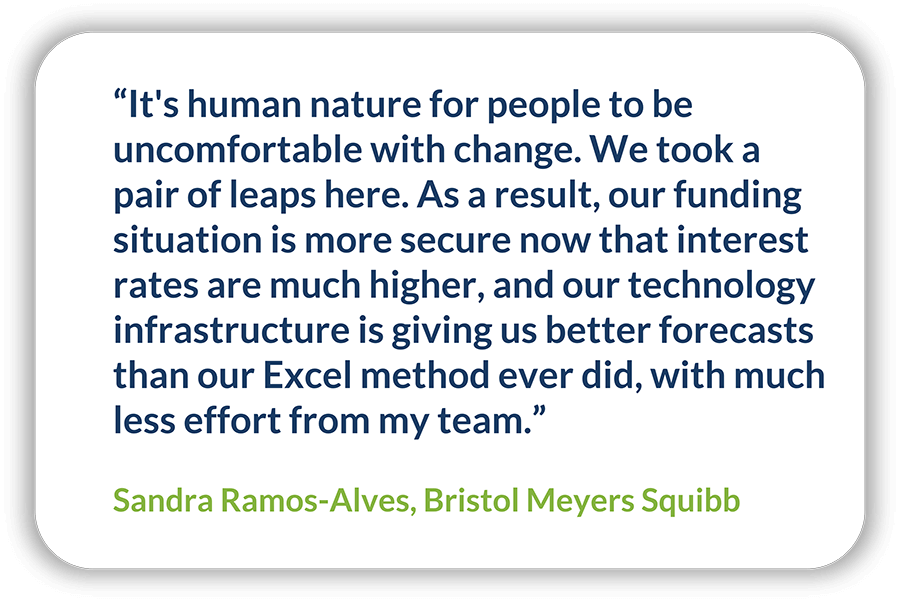 A quote by the treasury team at Bristol Meyers Squibb about their recent cash forecasting project.